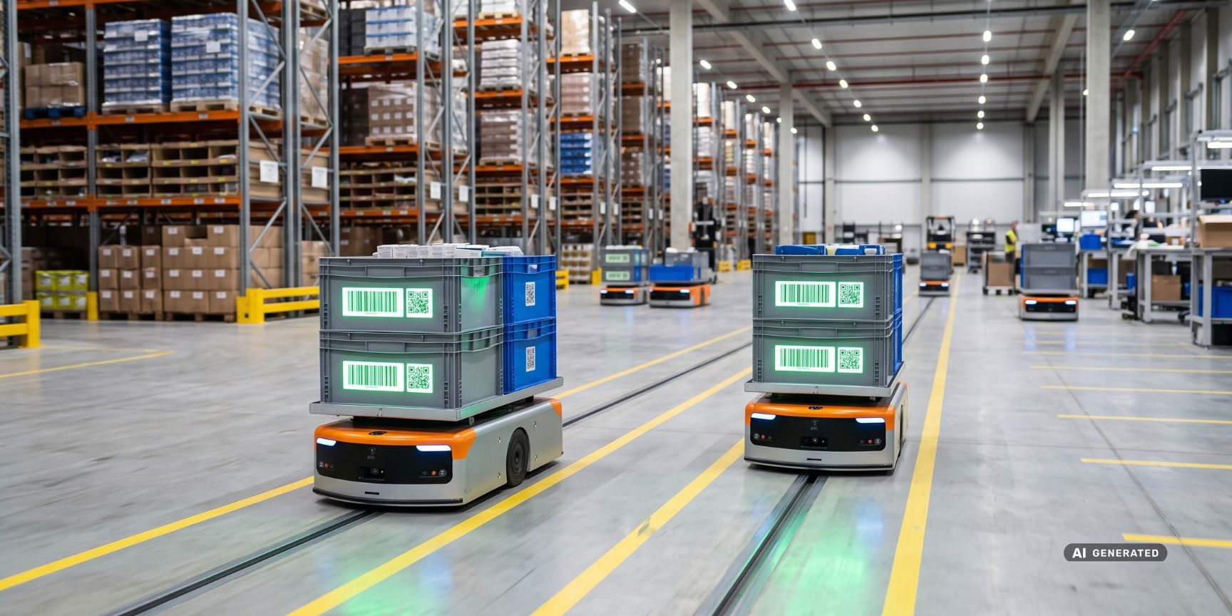 Autonomous mobile robots transport containers with barcodes through a modern logistics property for automated, secure batch tracking.